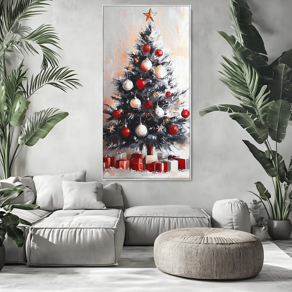 Tablou canvas cu tablou canvas cu brad de craciun pictat, in rama de aluminiu argintiu, pe perete intr-un living